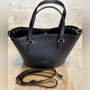 Nanette Lepore Black Vegan Leather Bucket Bag with Strap and Floral Perforations